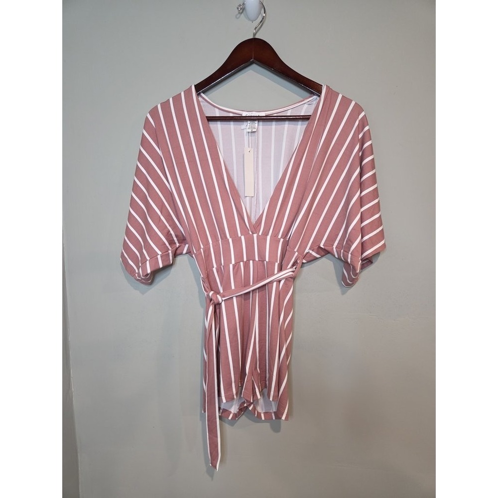 Capella Apparel‎ Romper Womens Small Mauve White Striped V-Neck Tie Waist NWT